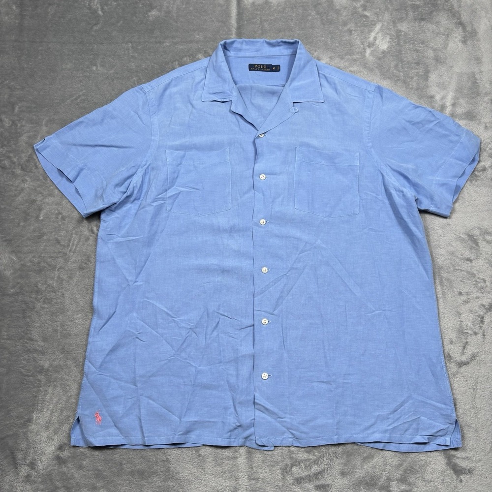 Polo Ralph Lauren Silk Linen Camp Shirt Short Sleeve Baby Blue Men's XL